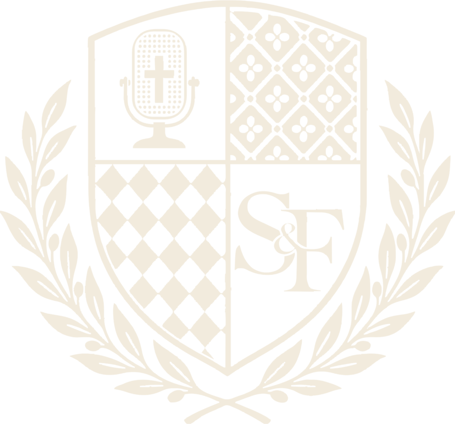 Salt&Found crest: a microphone with a cross, a floral lattice, a diamond checker and the S&F monogram inside an olive wreath