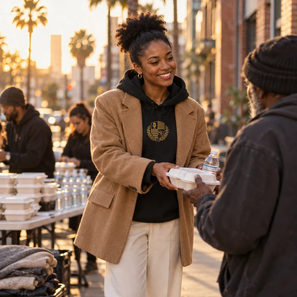 Salt&Found embroidered crest hoodie in black with old gold thread, worn under a camel blazer at a downtown San Diego outreach