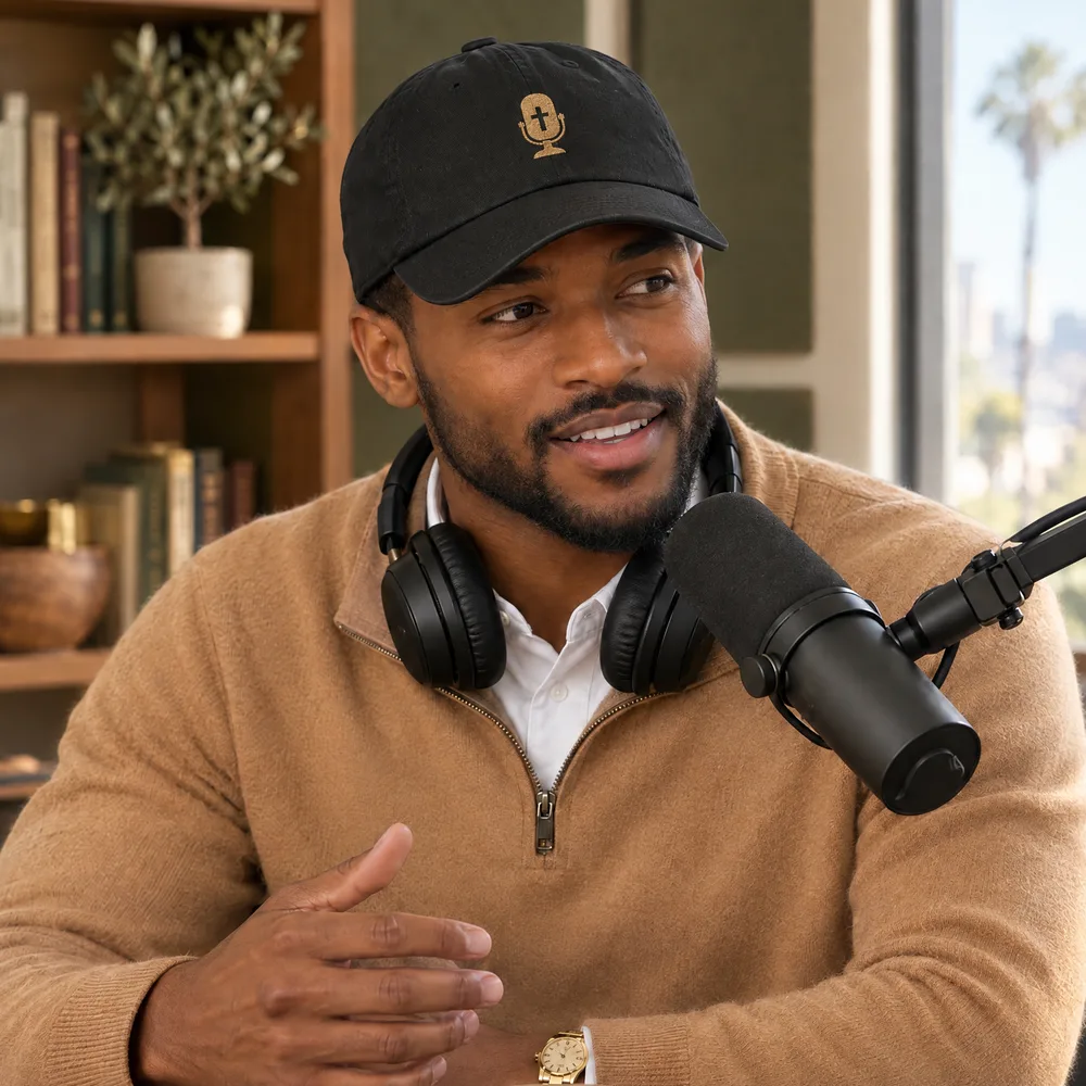Salt&Found mic dad hat in black with gold thread, worn by a founder recording a podcast