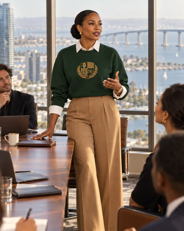 A CEO in the forest green Salt&Found crest crewneck leads her team in a boardroom above San Diego Bay