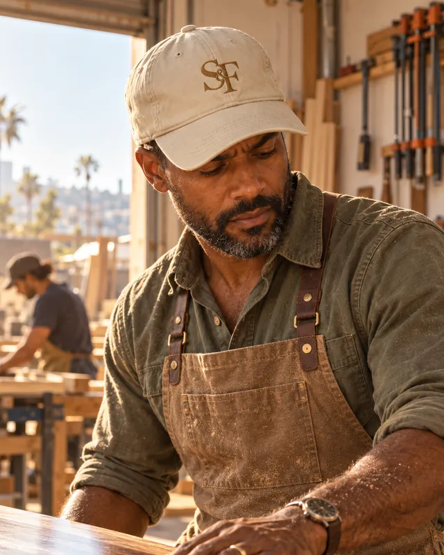 A woodworker in a canvas apron and the cream Salt&Found monogram hat sands a walnut table in his workshop