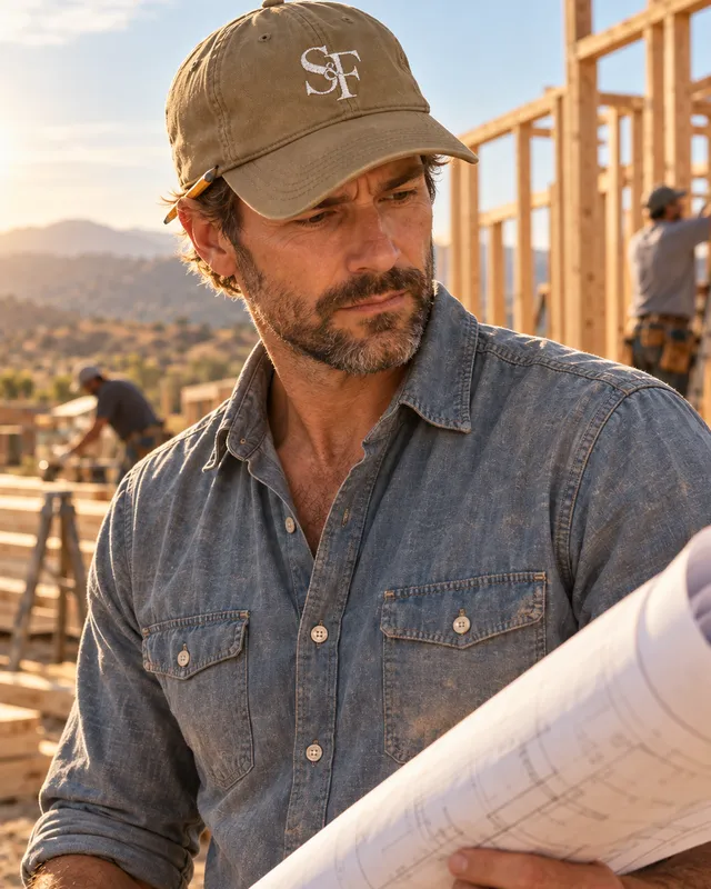 A builder in the khaki Salt&Found monogram hat studies the blueprints on a home build, his crew framing walls behind him