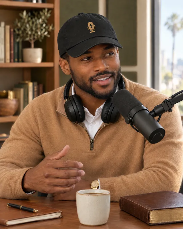 A podcast host in the black Salt&Found mic hat and a camel sweater talks with a guest at a studio microphone