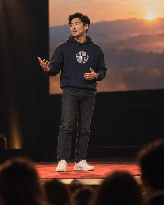 A founder in the navy Salt&Found crest hoodie gives a keynote on a stage at sunset