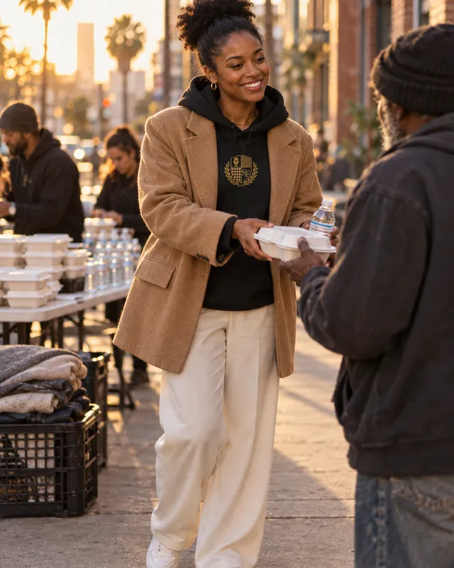 A founder in the black Salt&Found crest hoodie and a camel coat hands a meal to a neighbor at a downtown outreach