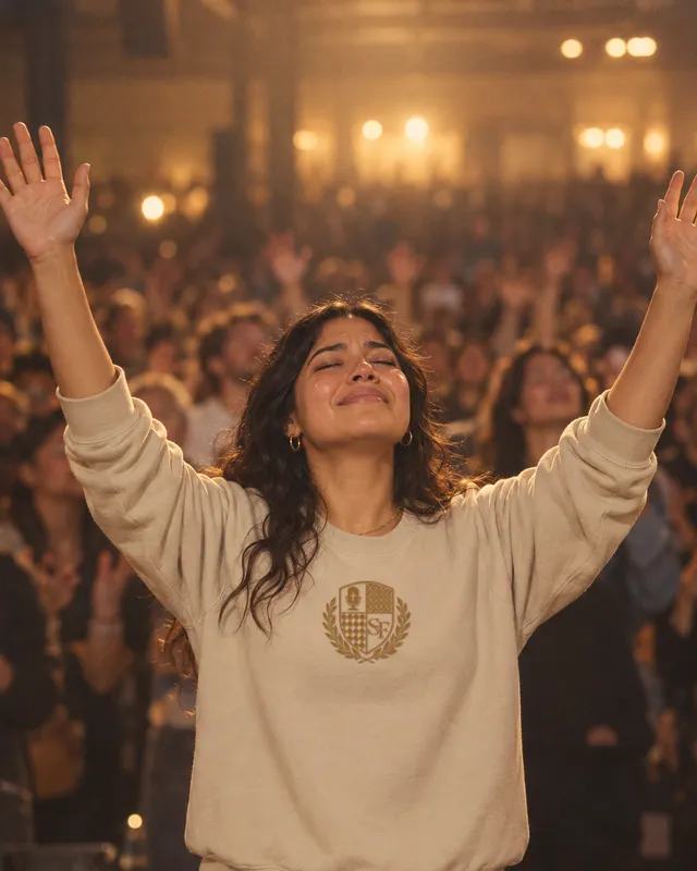 A founder in the sand Salt&Found crest crewneck worships with her hands raised in a full room